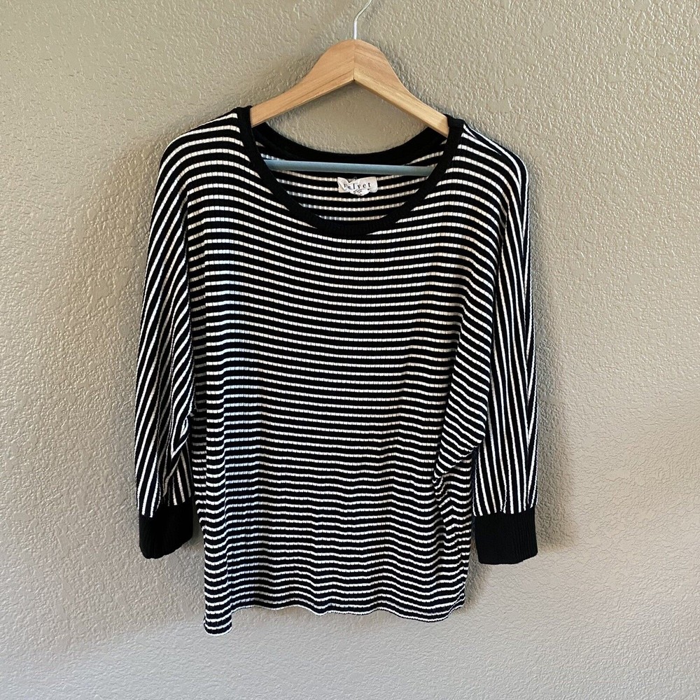 VELVET By Graham Spencer Ribbed Thermal Dolman 3/4 Sleeve Sz Large Black Stripe